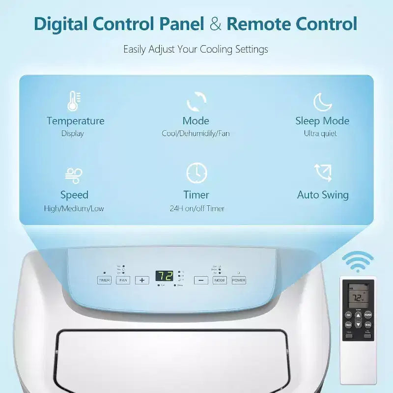 14,000 BTU Portable AC with Remote! Cools Rooms up to 700 Sq.Ft. 3 in 1 Function, Digital Display, 24H Timer, Installation Kit