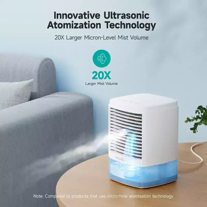 HiCOZY Portable Air Cooling Fan with Mister, Mini AC Air Cooler Humidifier for Desktop