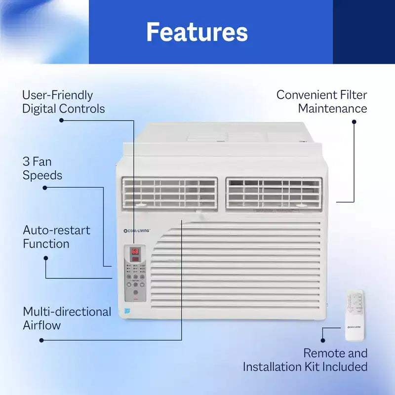 Cool-Living 10,000 BTU Window Mount Room Air Conditioner with Installation Kit and Remote Control, Cools Rooms Up To 450 Square Feet, White