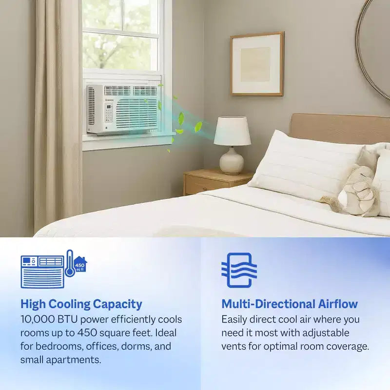 Cool-Living 10,000 BTU Window Mount Room Air Conditioner with Installation Kit and Remote Control, Cools Rooms Up To 450 Square Feet, White