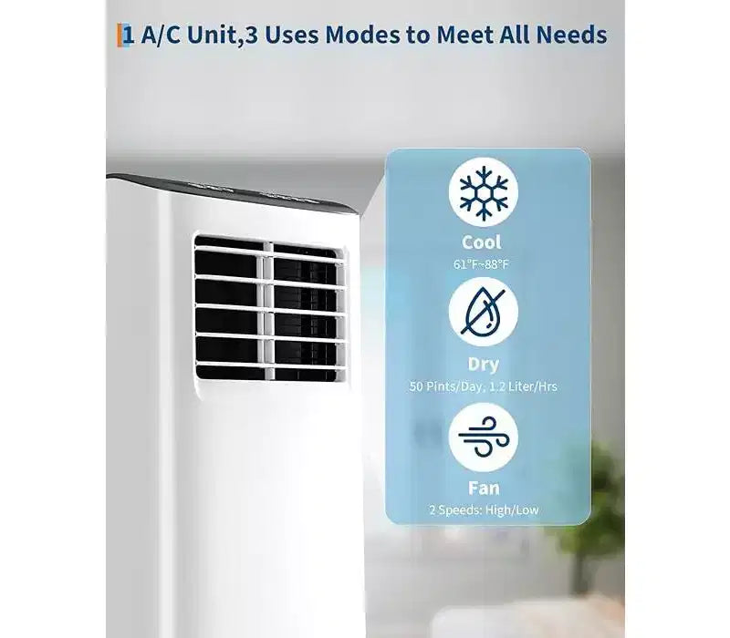 Unidad de aire acondicionado portátil Garvee de 8000 BTU, ventilador de enfriamiento 3 en 1, deshumidificador, control remoto, temporizador de apagado, kit para ventana para habitaciones de hasta 32,5 m²