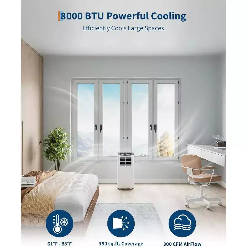 Unidad de aire acondicionado portátil Garvee de 8000 BTU, ventilador de enfriamiento 3 en 1, deshumidificador, control remoto, temporizador de apagado, kit para ventana para habitaciones de hasta 32,5 m²