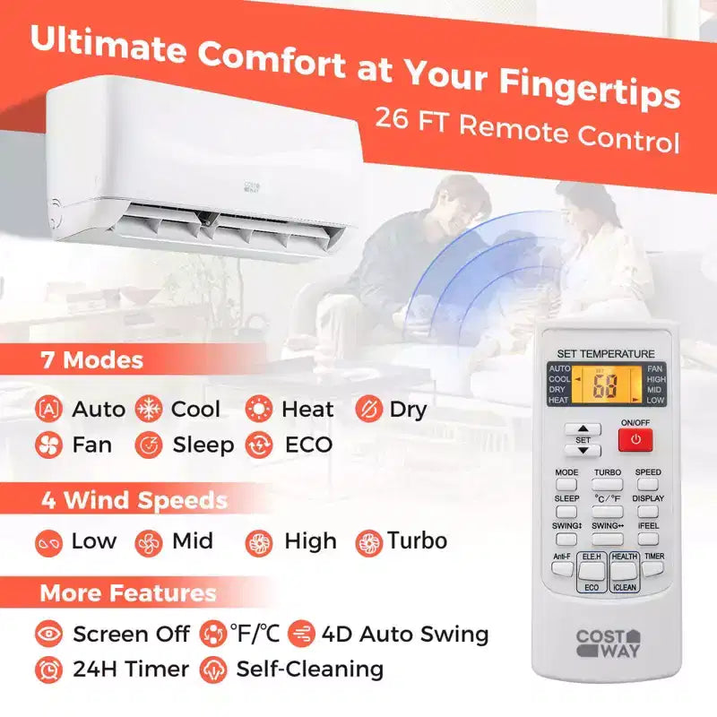 Costway 9000 BTU Mini Split Air Conditioner & Heater with 0.75 Ton Pre-Charged Heat Pump