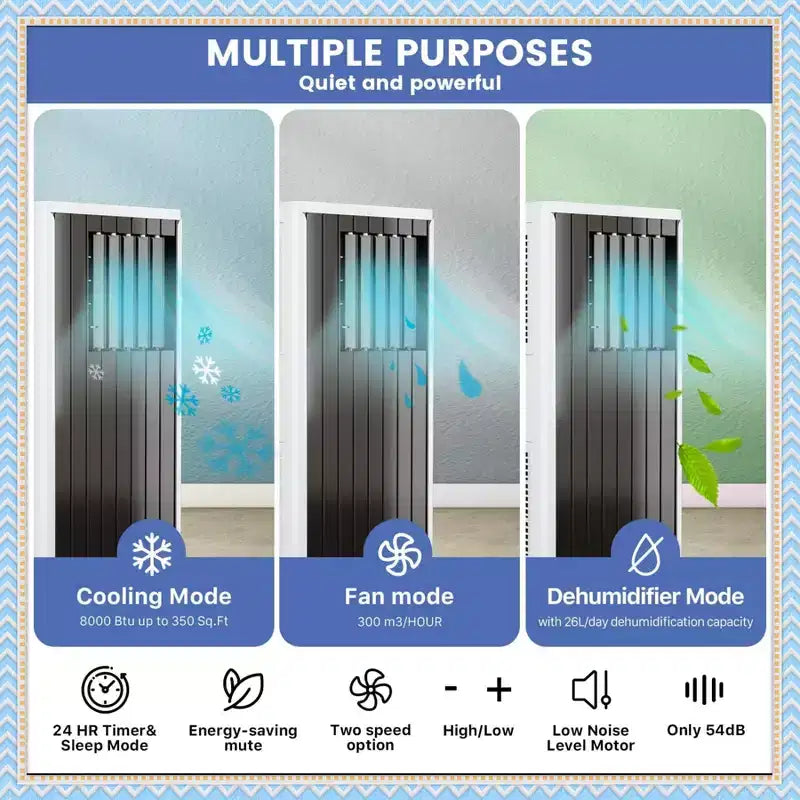 8000 BTU Portable Air Conditioner, 3-in-1 AC with Dehumidifier & Fan, for Rooms up to 350 Sq.Ft, with Remote & Window Kit