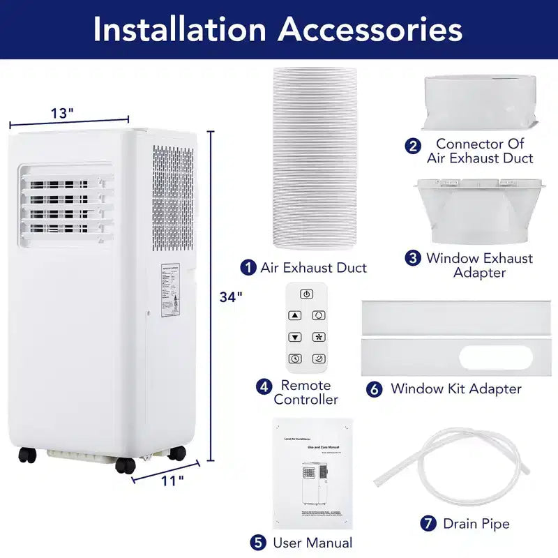 8,000 BTU (ASHRAE) / 6,000 BTU (SACC) Portable Air Conditioner /AC with Cooling, Dehumidifier Fan Function, Remote Control, Sleep Mode, 24H Timer