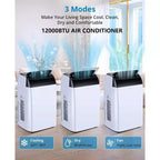 Aire Acondicionado Portátil de 12,000 BTU, enfría hasta 51 m², Unidad de CA Portátil Silenciosa 3 EN 1 con Control Remoto