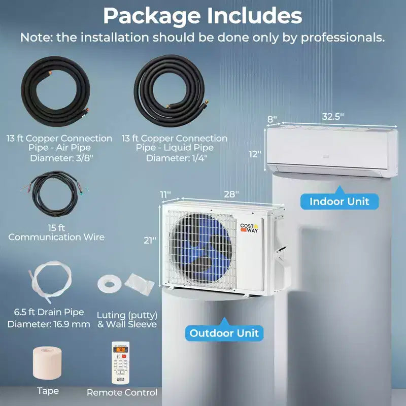 Costway 12000 BTU 230 V Mini Split Air Conditioner & Heater with 1 Ton Heat Pump Installation Kit