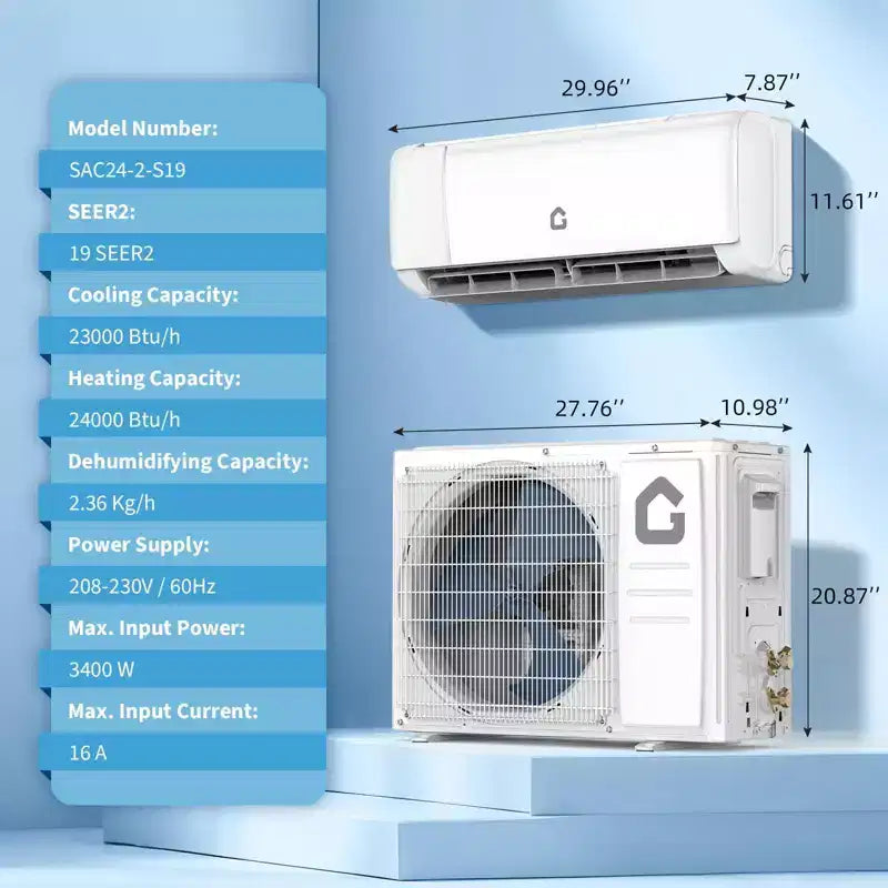 24000 BTU Wifi Mini Split AC, 19 SEER2 208-230V Inverter Ductless Wall AC w/WiFi & Alexa Compatible