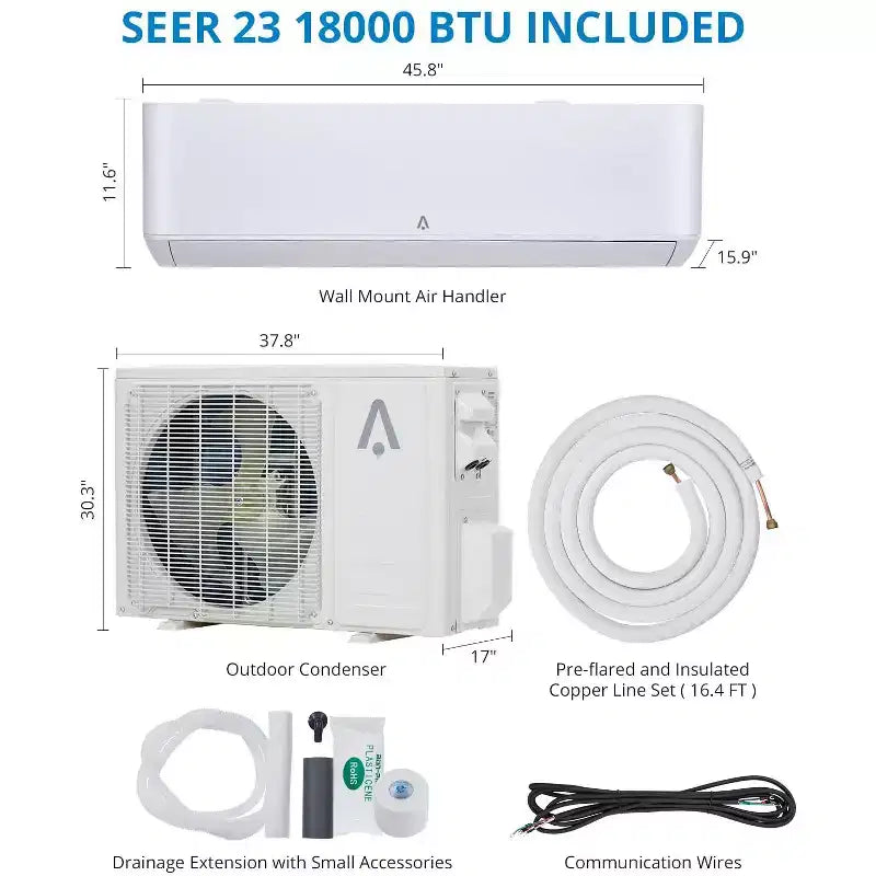 18,000 BTU AC 23 SEER, Cools Room Up to 1250 Sq. Ft, Wall Mount Ductless Mini C Heat Pump Full Set with 16ft Installation Kit Split System,White