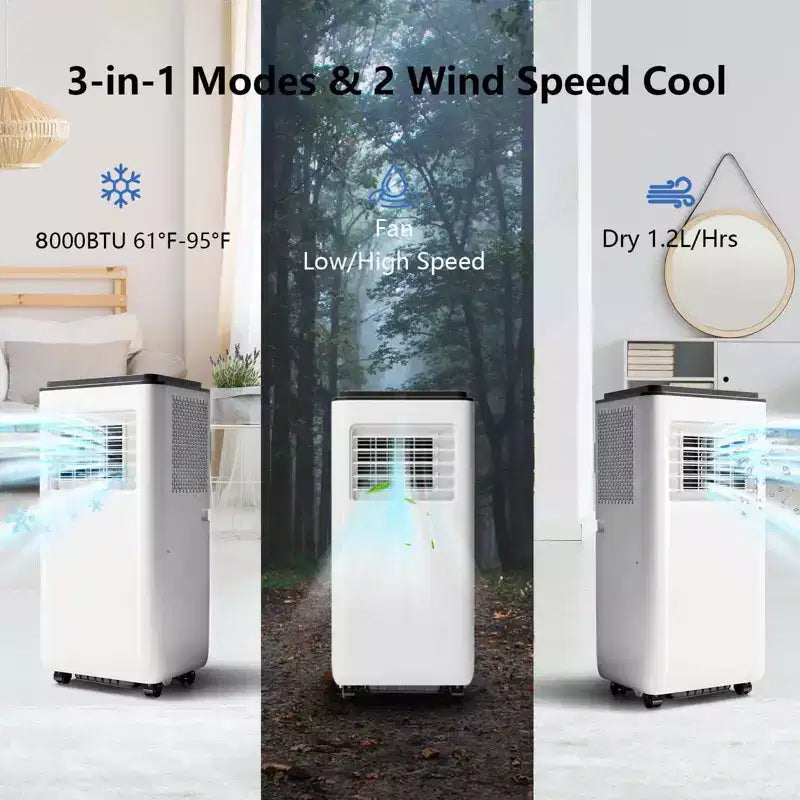 8000Btu Portable Air Conditioner with Remote Control,Quiet AC Unit with Cool, Dehumidifier & Fan Mode Room Cooling Up to 350 sq ft,24 Hour Timer,White