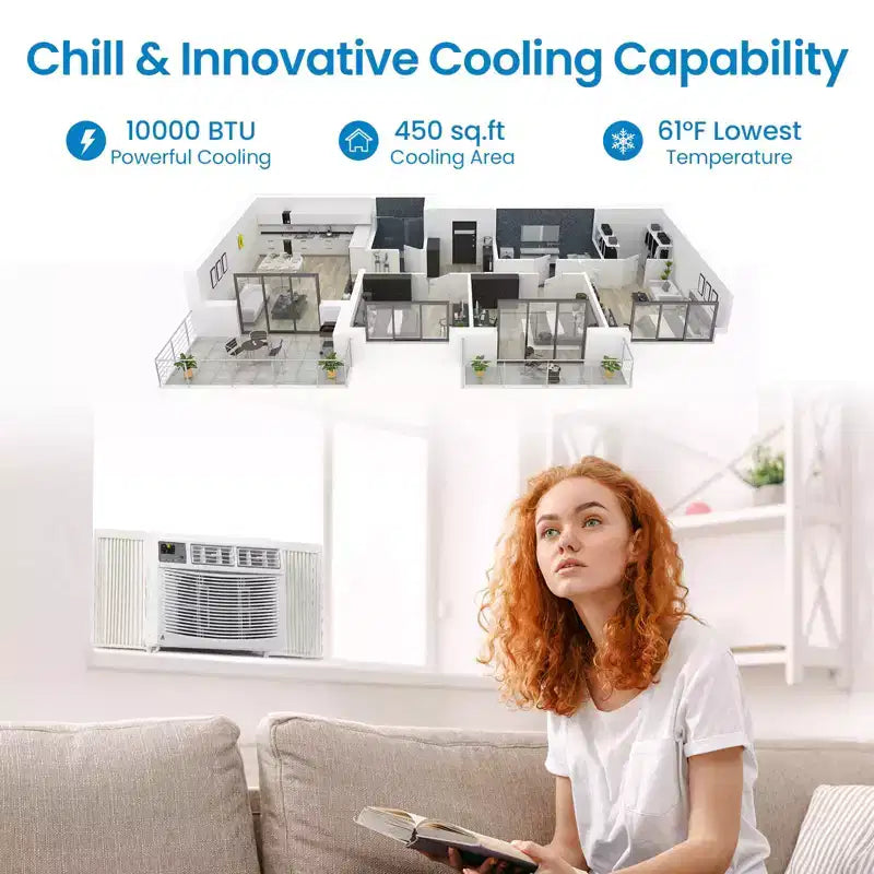 10000 BTU Window Air Conditioner Unit with Remote Control, Cools Rooms Up to 450 Sq ft, 3 Cooling & Fan Speeds Quiet Operation, Easy Install Kit