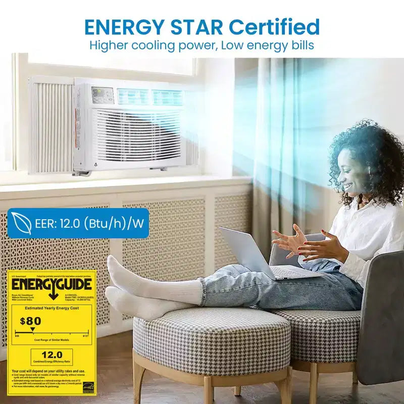 10000 BTU Window Air Conditioner Unit with Remote Control, Cools Rooms Up to 450 Sq ft, 3 Cooling & Fan Speeds Quiet Operation, Easy Install Kit