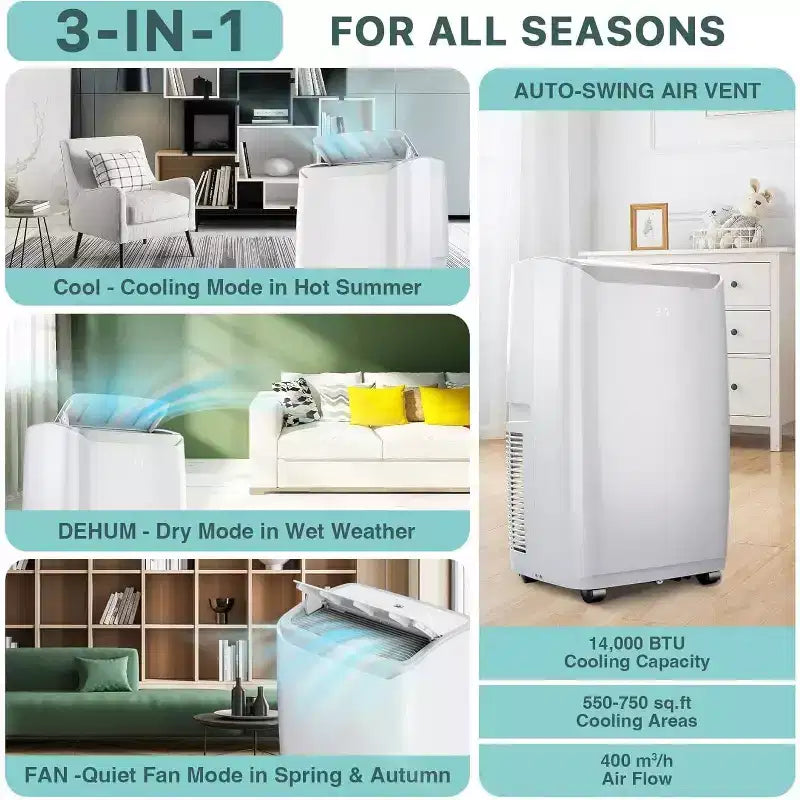 14000 Btu Portable Air Conditioner Fast Cooling 750 Sq.ft, 3-in-1 Floor Air Conditioner Portable W/cooling, Dehumidification And Fan