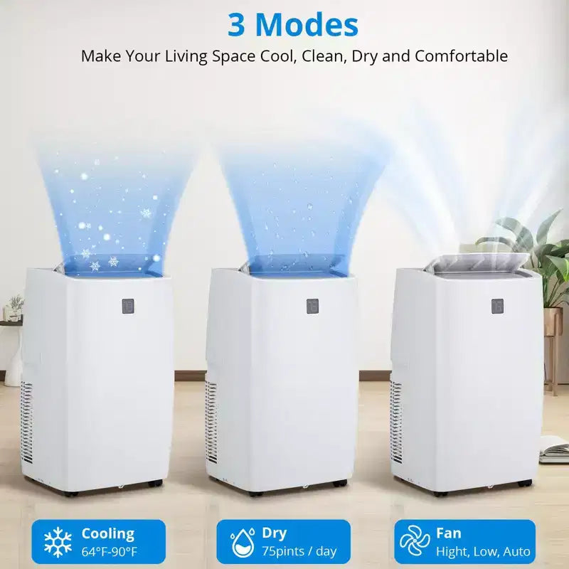 12000 BTU Portable Air Conditioner, 3-In-1 Cooling, Dehumidifier Fan for Rooms Up to 450 Sq. Ft. Digital Display, Remote Control, and Smart Sleep Mode