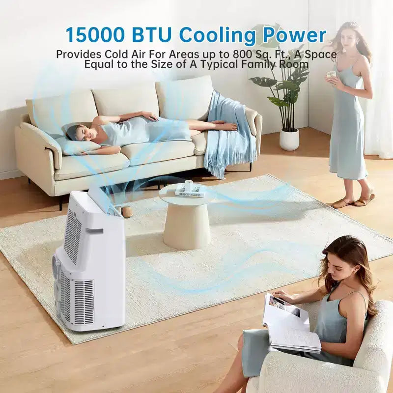 15,000 BTU Portable Air Conditioner, Portable AC Built-in Cool with Dehumidifier, and Fan Cools up to 850 Sq. Ft Bedroom, Office, Kitchen