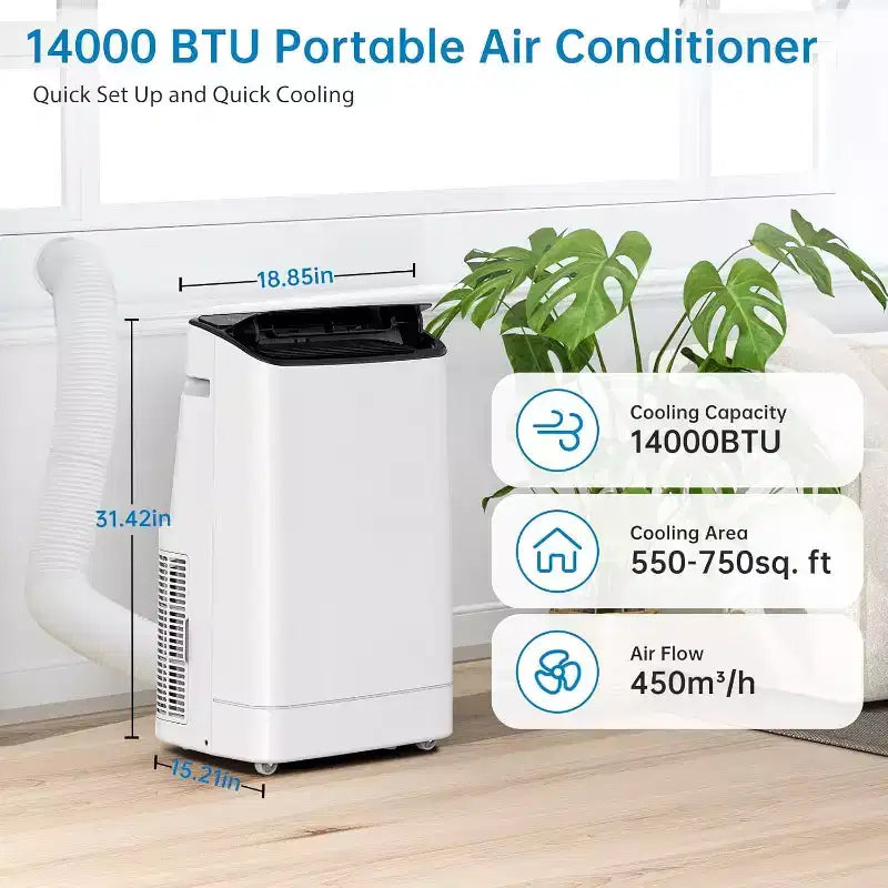 14,000 BTU Portable AC - 4-in-1 Cooling for 750 Sq.Ft, Quiet with Remote & Window Ki