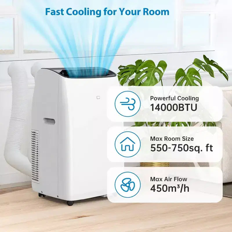 Aire Acondicionado Portátil con Inverter y Calefactor de 14000 BTU, Unidad de CA Portátil para Habitaciones de hasta 70 m², con Control Remoto de Ahorro de Energía 13.6