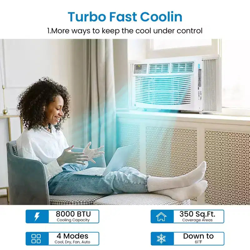 Aire acondicionado inteligente de ventana de 8000 BTU - Aire acondicionado con Wi-Fi para habitaciones de 350 pies cuadrados, enfriamiento silencioso de 51 dB con EER de 11, control por aplicación, pantalla digital y control remoto