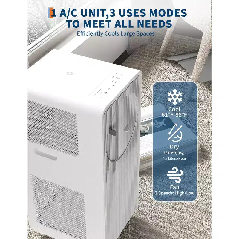 Aire acondicionado portátil de 12,000 BTU, 3 en 1, sin drenaje, para dormitorios (17.65 - 23.22 m²), deshumidificador, ventilador, modo de suspensión, temporizador de 24 horas