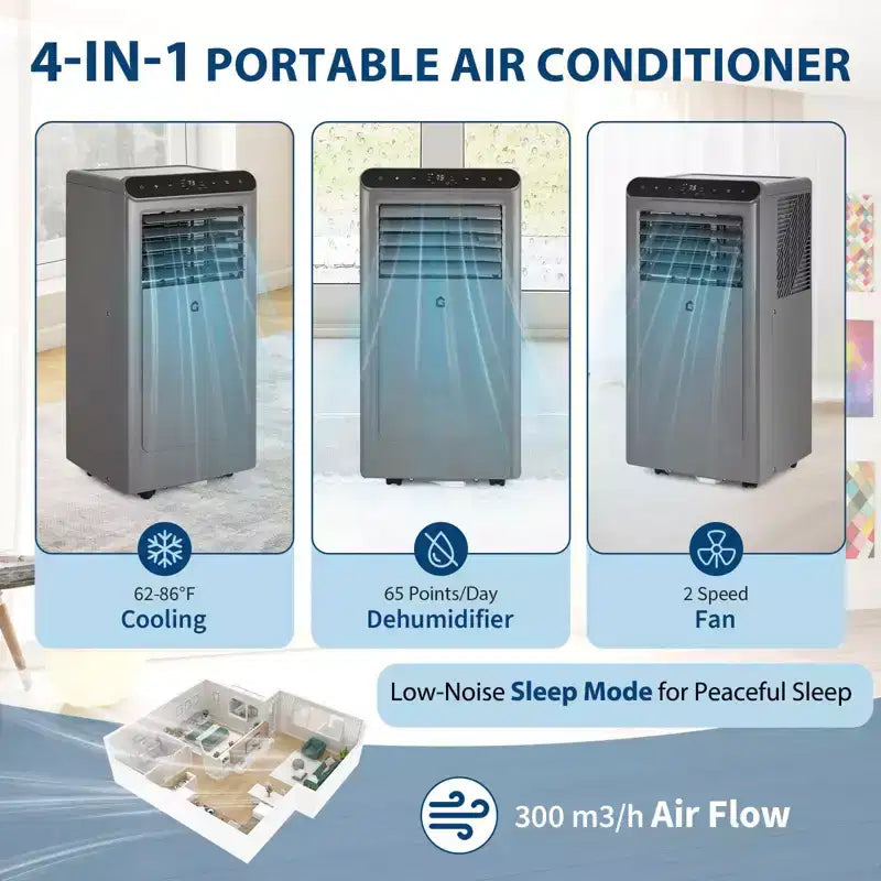 Aire Acondicionado Portátil de 10,000 BTU, Unidad de CA Portátil 3 en 1 con Ventilador y Deshumidificador, Aire Acondicionado de Habitación Enfría hasta 42 m²