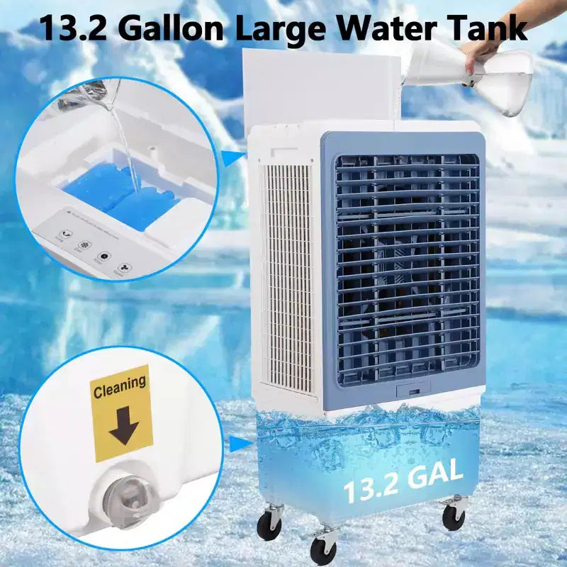 3500CFM Evaporative Air Cooler, Swamp Cooler with Remote Control and 12H Timer, 4 Ice Packs, 3 Modes & Wind Speeds for Outdoor Indoor Use, 13.2 Gallon