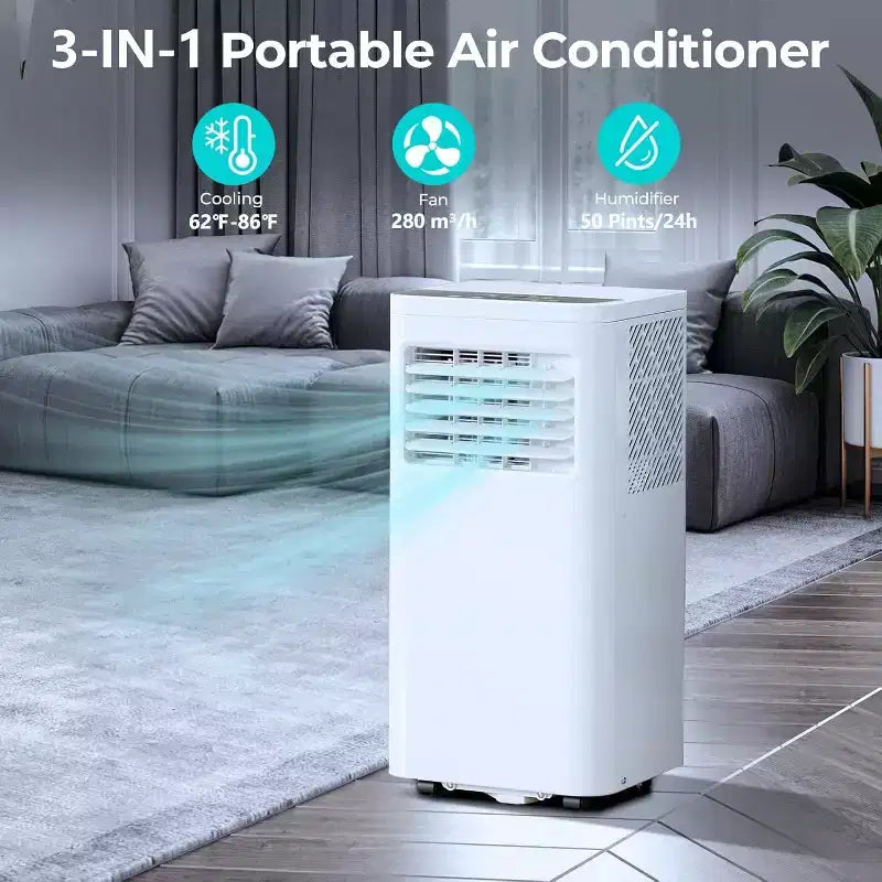 Aire Acondicionado Portátil de 8,000 BTU, Unidad 3 en 1 con 4 Modos, Temporizador, Pantalla LED, Control Remoto y Kit de Instalación, para Dormitorio/Sala de Estar/Oficina, Blanco.