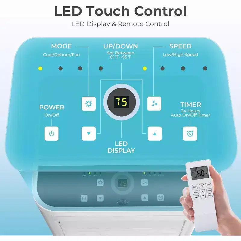 Aire Acondicionado Portátil de 8,000 BTU, Unidad 3 en 1 con 4 Modos, Temporizador, Pantalla LED, Control Remoto y Kit de Instalación, para Dormitorio/Sala de Estar/Oficina, Blanco.