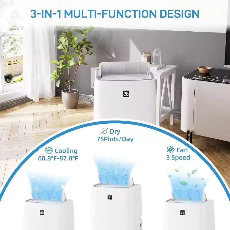 Acekool 14000 BTU Portable Air Conditioner, 3-in-1 Quiet AC with Dehumidifier & Fan, Remote, Timer, Cools Up to 750 Sq.Ft, Easy Install, Mobility