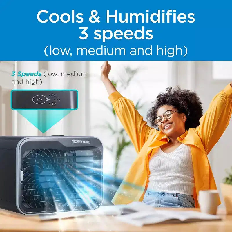 BLACK+DECKER Enfriador de Aire de Escritorio Portátil y Ventilador Personal, 3 Velocidades, Tanque de 0.5L, Enfriamiento Evaporativo para el Hogar y la Oficina, Negro