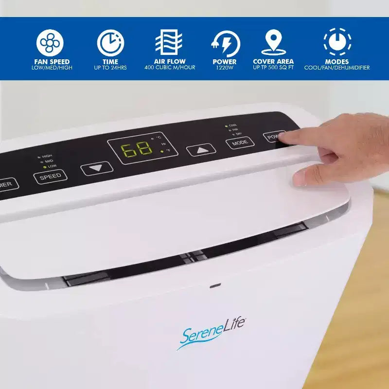 SereneLife Aire Acondicionado Portátil de 14,000 BTU con Deshumidificador y Ventilador - WiFi Integrado, Cobertura de 46.5 m², Control Remoto y Kit de Ventana - SLPAC14.5