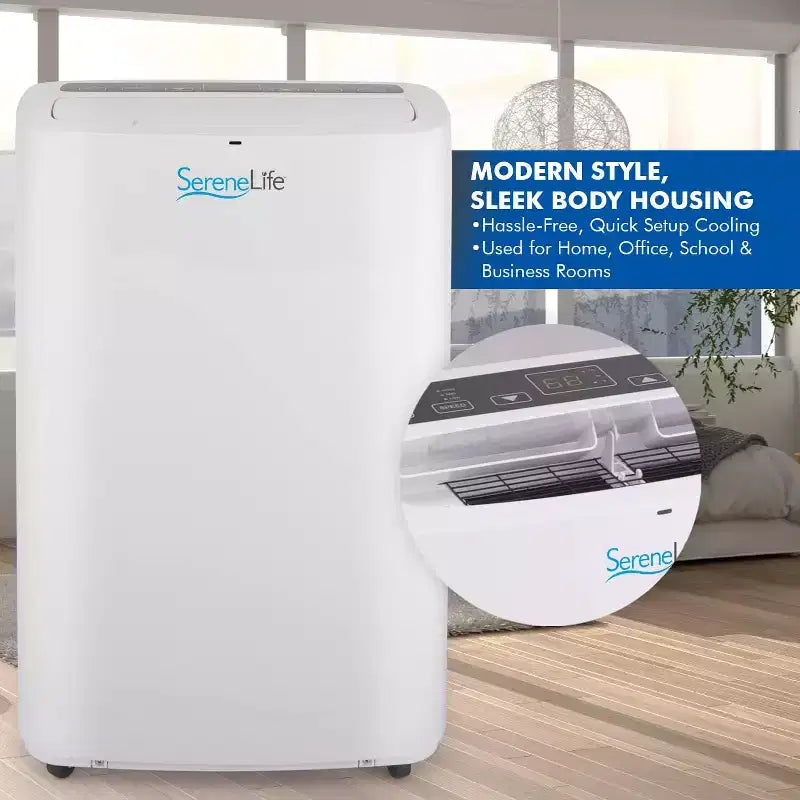 SereneLife Aire Acondicionado Portátil de 14,000 BTU con Deshumidificador y Ventilador - WiFi Integrado, Cobertura de 46.5 m², Control Remoto y Kit de Ventana - SLPAC14.5