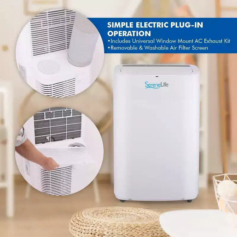 SereneLife Aire Acondicionado Portátil de 14,000 BTU con Deshumidificador y Ventilador - WiFi Integrado, Cobertura de 46.5 m², Control Remoto y Kit de Ventana - SLPAC14.5
