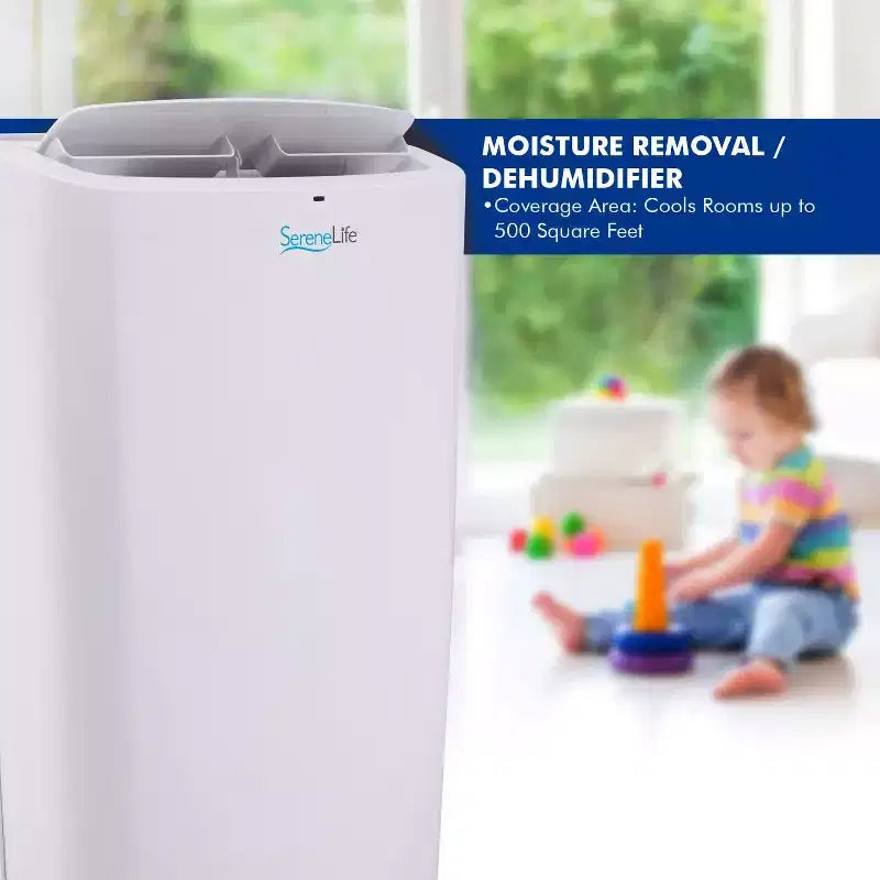 SereneLife Aire Acondicionado Portátil de 14,000 BTU con Deshumidificador y Ventilador - WiFi Integrado, Cobertura de 46.5 m², Control Remoto y Kit de Ventana - SLPAC14.5