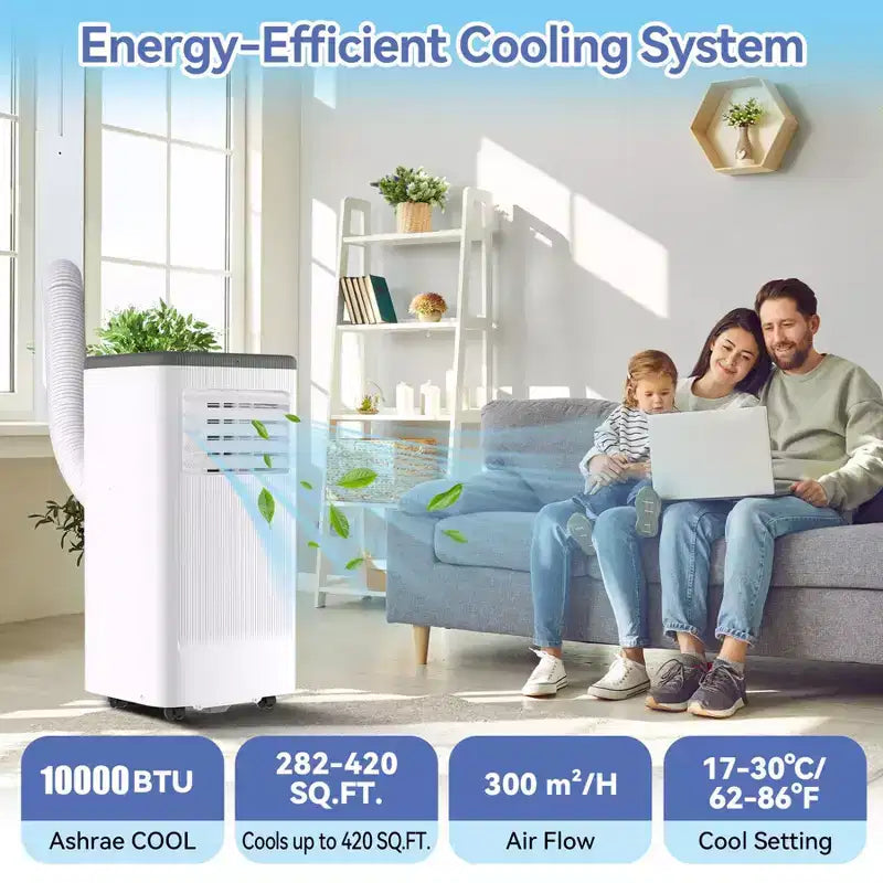 Acondicionador de aire portátil de 10000 BTU con ruedas, unidad de aire acondicionado portátil con control remoto, aire acondicionado interior para habitaciones de 560 pies cuadrados, modos de enfriamiento/ventilador/seco