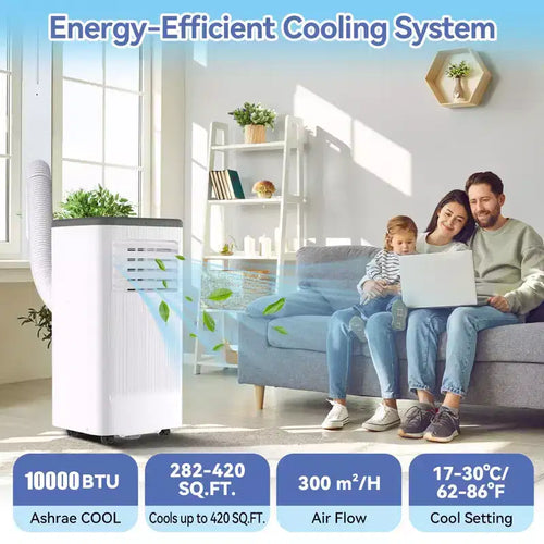 Acondicionador de aire portátil de 10000 BTU con ruedas, unidad de aire acondicionado portátil con control remoto, aire acondicionado interior para habitaciones de 560 pies cuadrados, modos de enfriamiento/ventilador/seco