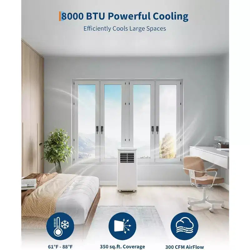 Acekool 8,000 BTU Portable Air Conditioner, 4-in-1 AC Dehumidifier Fan, Remote, Timer, for Rooms up to 350 Sq. Ft, Window Kit