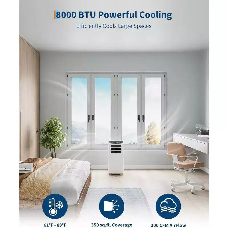 Acekool 8,000 BTU Portable Air Conditioner, 4-in-1 AC Dehumidifier Fan, Remote, Timer, for Rooms up to 350 Sq. Ft, Window Kit