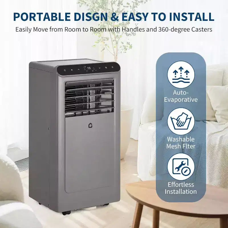 Acekool 10,000 BTU Portable Air Conditioner, 4-in-1 AC Dehumidifier Fan Sleep Mode, Remote, Energy Efficient, for Rooms up to 450 Sq. Ft, Grey