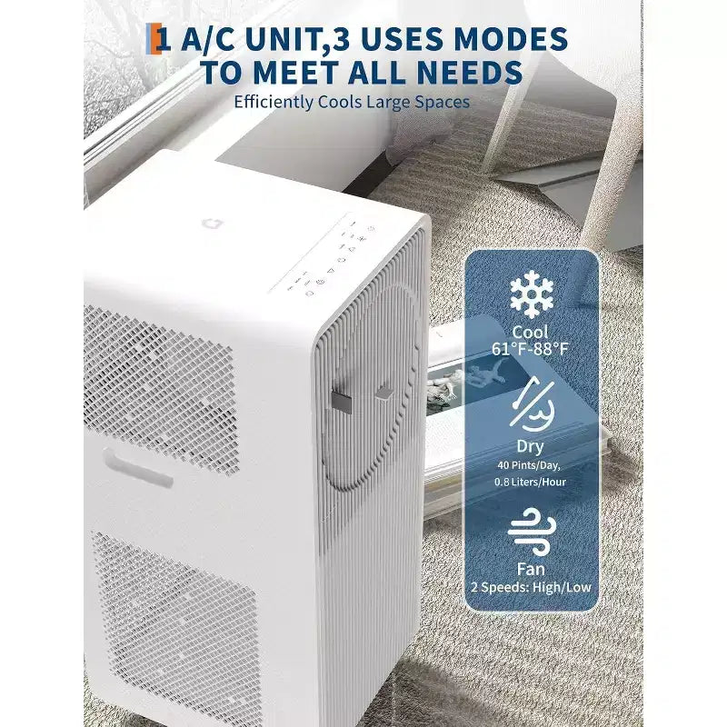 Acekool 8,000 BTU Portable Air Conditioner, 3-in-1 AC Dehumidifier Fan, Dual Motors, Auto Swing, Remote, for Rooms up to 350 Sq. Ft, White