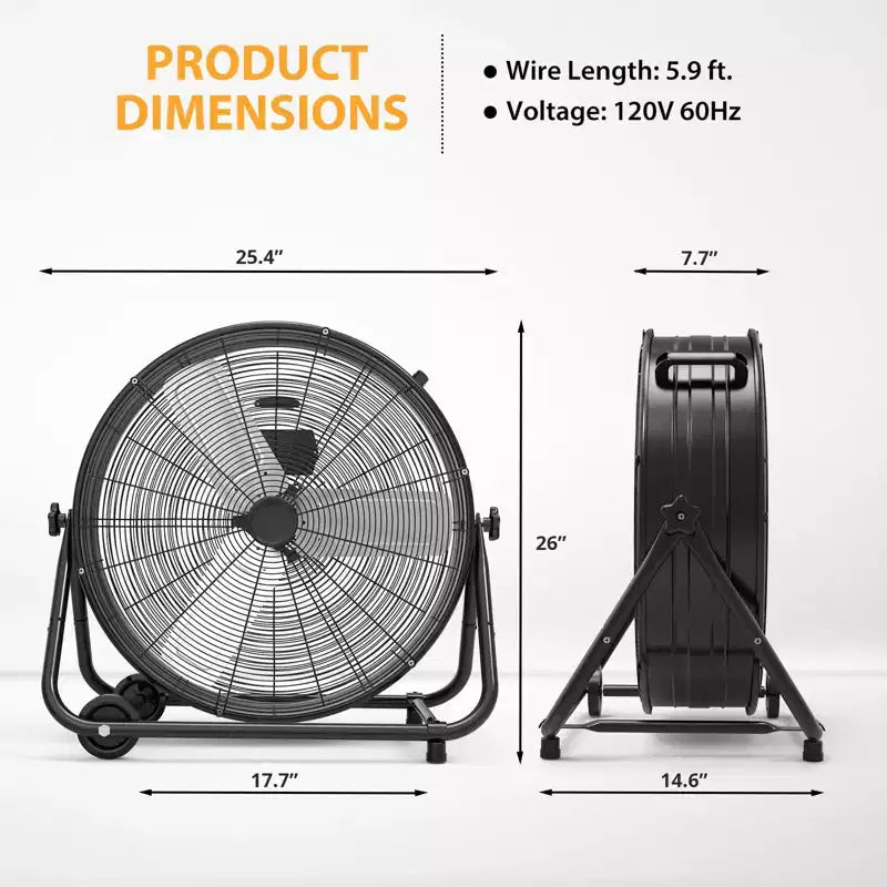 Ventilador de Piso, Ventilador Industrial - Ventilador de Tambor de 24 Pulgadas de Alta Resistencia con 4 Velocidades, Circulador de Aire de Metal para Almacén, Taller, Garaje, Fábrica, Sótano