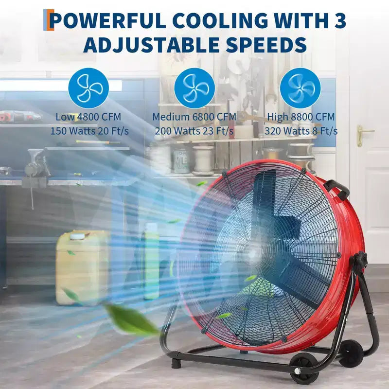 Ventilador de Piso, Ventilador Industrial - Ventilador de Tambor de 24 Pulgadas de Alta Resistencia con 4 Velocidades, Circulador de Aire de Metal para Almacén, Taller, Garaje, Fábrica, Sótano