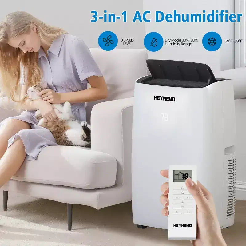 Heynemo 14,000 BTU 3-in-1 Portable Air Conditioner with Heat, Dehumidifier & Fan, Smart WiFi Control, Quiet AC for Bedroom, Office, White