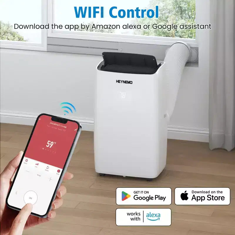 Heynemo 14,000 BTU 3-in-1 Portable Air Conditioner with Heat, Dehumidifier & Fan, Smart WiFi Control, Quiet AC for Bedroom, Office, White