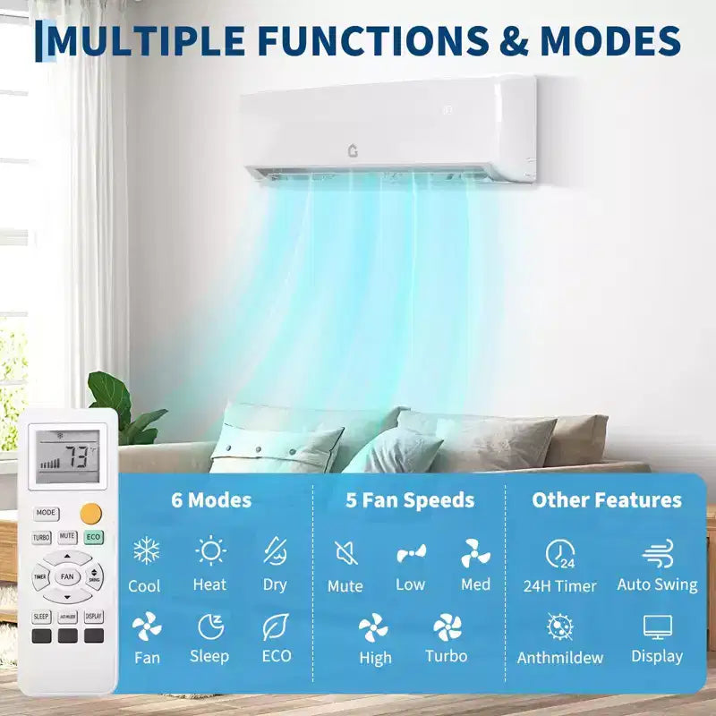GustoWave 9000/12000/18000 BTU Air Conditioners with Heat, 19 SEER2 Mini Split AC, White
