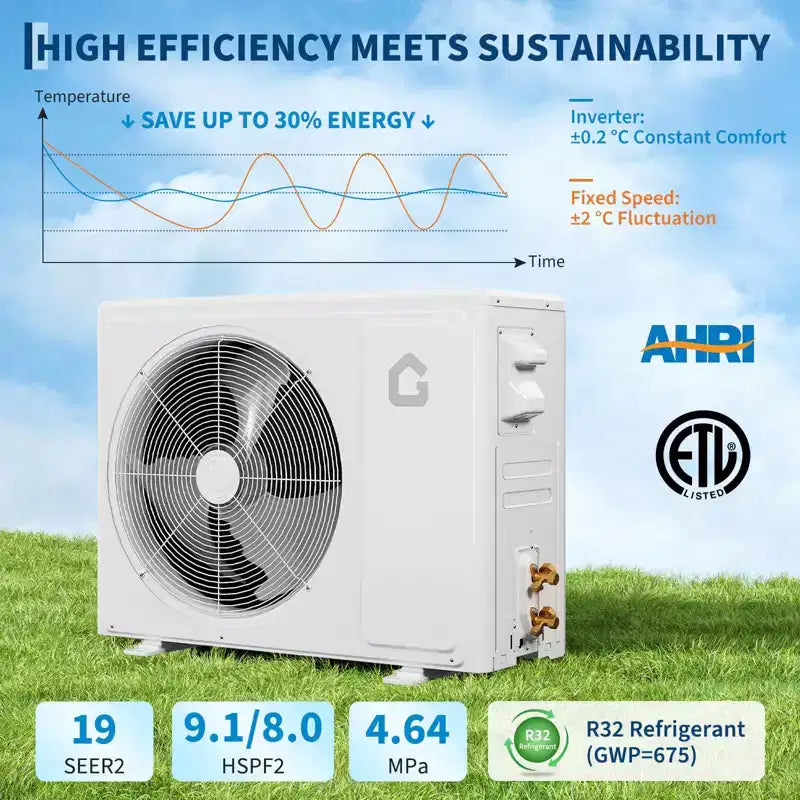 GustoWave 9000/12000/18000 BTU Air Conditioners with Heat, 19 SEER2 Mini Split AC, White