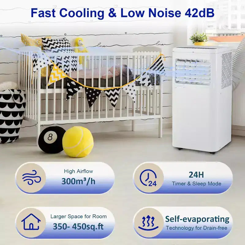 Acondicionador de aire portátil Acekool de 10,000 BTU, ventilador y deshumidificador 3 en 1, silencioso con control remoto, temporizador, kit de ventana para habitaciones de hasta 450 pies cuadrados
