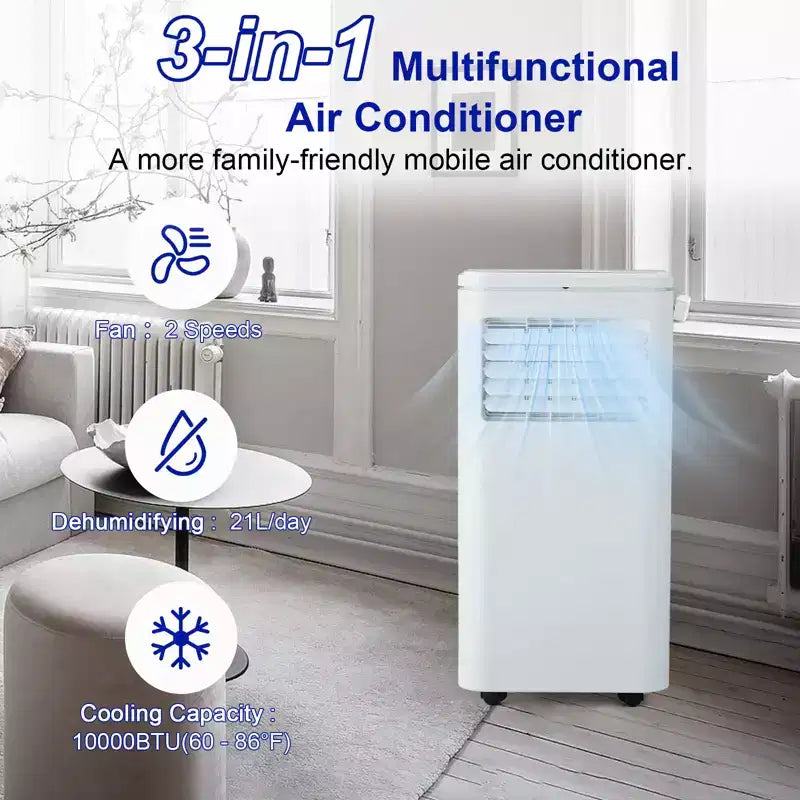 Acondicionador de aire portátil Acekool de 10,000 BTU, ventilador y deshumidificador 3 en 1, silencioso con control remoto, temporizador, kit de ventana para habitaciones de hasta 450 pies cuadrados