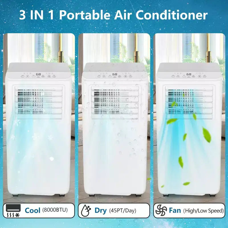 Acekool 8,000 BTU Portable Air Conditioner, 3-in-1 Cooling Fan Dehumidifier, Quiet AC with Remote, Timer, Window Kit for Rooms up to 350 Sq Ft