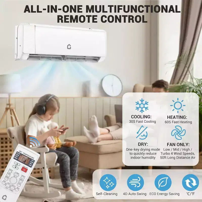 Acekool 9,000 BTU Mini Split Air Conditioner and Heater, 20 SEER2 Ductless AC Heat Pump, WiFi Control, Cools Rooms up to 450 Sq Ft