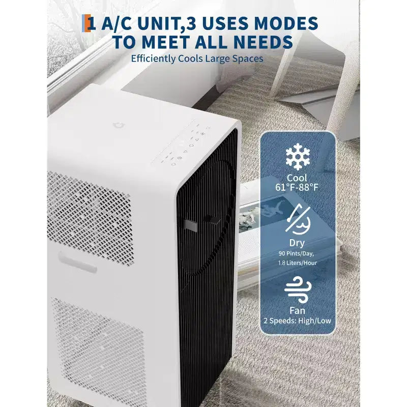 14,000 BTU Drainage-free Portable Air Conditioner for Indoor Rooms, 3 in-1 AC Unit for Bedroom 225-300 Sq.Ft